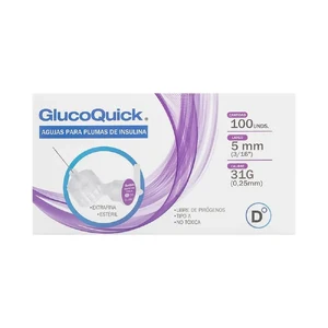 AGUJAS PARA PLUMAS DE INSULINA - GLUCOQUICK 6MM x 31G CAJA x 100 UND MORADA