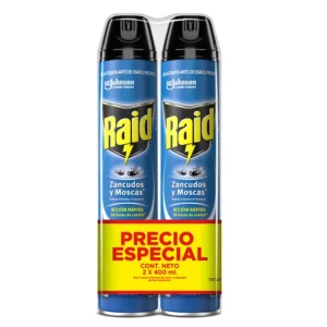 INSECTICIDA RAID AEROSOL VOLADORES ZANCUDOS & MOSCAS - PREPACK x 2 FCO x 400 ML C/U - OFERTA ESP.