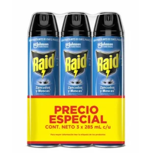 INSECTICIDA RAID AEROSOL VOLADORES ZANCUDOS & MOSCAS - PREPACK x 3 FCO x 285 ML C/U - OFERTA ESP.