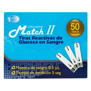 TIRAS REACTIVAS DE GLUCOSA EN SANGRE OKMETER MATCH II - CAJA x 1 FCO x 50 TIRAS + LANCETAS ESTERILES LINKFAR - CAJA x 50 UNID