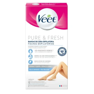VEET BANDAS DE CERA DEPILA. PIERNAS & CUERPO PURE & FRESH - CAJA x 12 BANDAS (6 BANDAS DOBLES) + 2 TOALLITAS