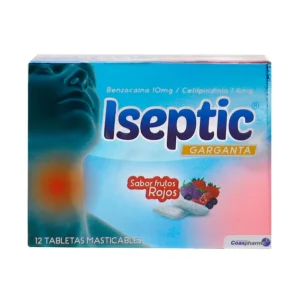 ISEPTIC 10 MG/1.4 MG GARGANTA - CAJA x 12 TAB MASTICABLES - SABOR FRUTOS ROJOS