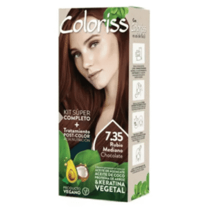 TINTURA COLORISS 7.35 RUBIO MEDIO CHOCOLATE - CAJA x 50 GR + KIT TINTURA (REVELADOR-TTO POST COLOR-GUANTES)