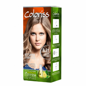 TINTURA COLORISS 8.31 RUBIO DORADO CENIZO - CAJA x 50 GR + KIT TINTURA (REVELADOR-TTO POST COLOR-GUANTES)