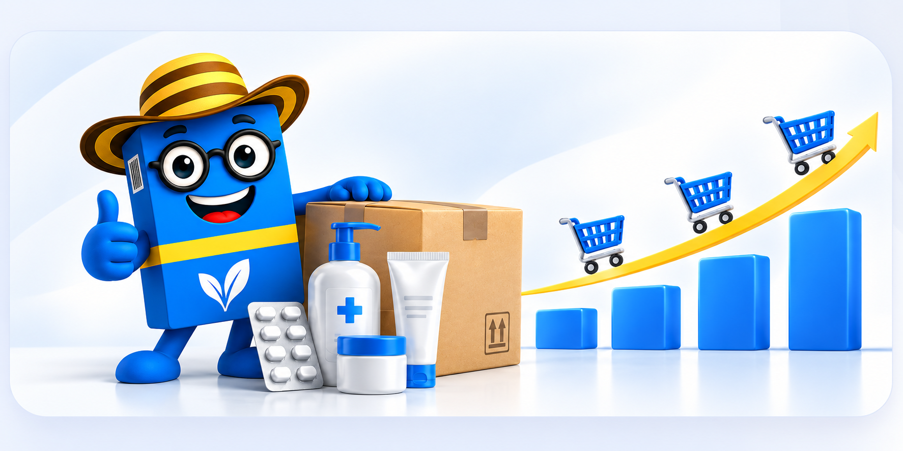 Bannière compras por volumen con mascotte, produits, cartons et graphique de croissance
